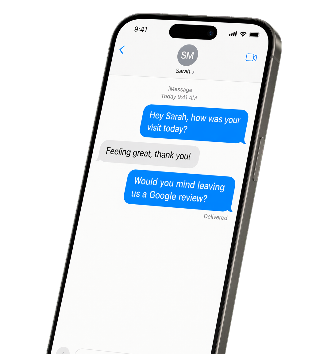 ChiroBlaster SMS demo showing automated review request